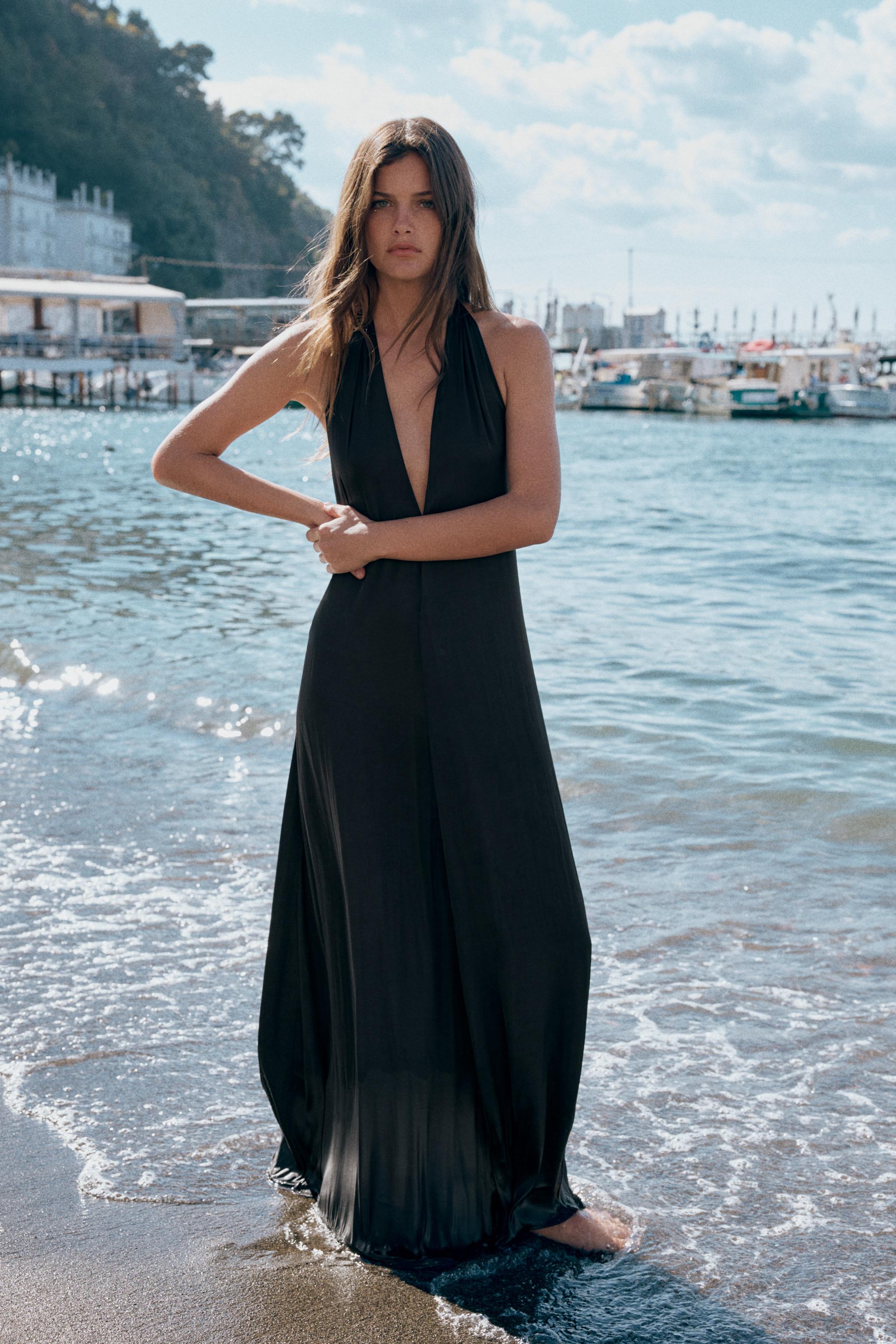 SATIN EFFECT MIDI HALTER DRESS